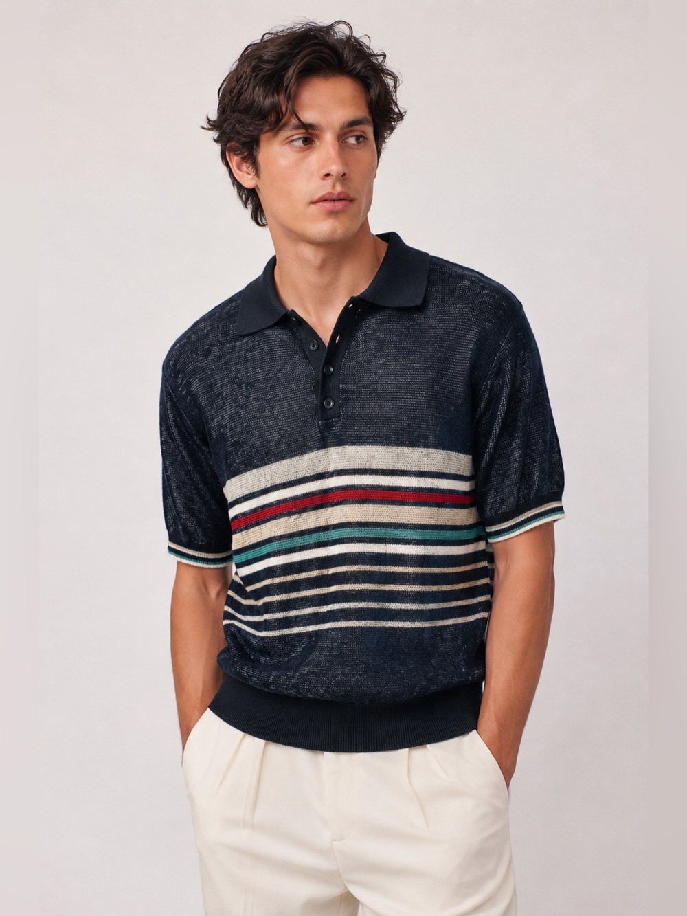 Vintage 80s Velour Striped Polo Sweater Men’s Large Korea Retro Knit
